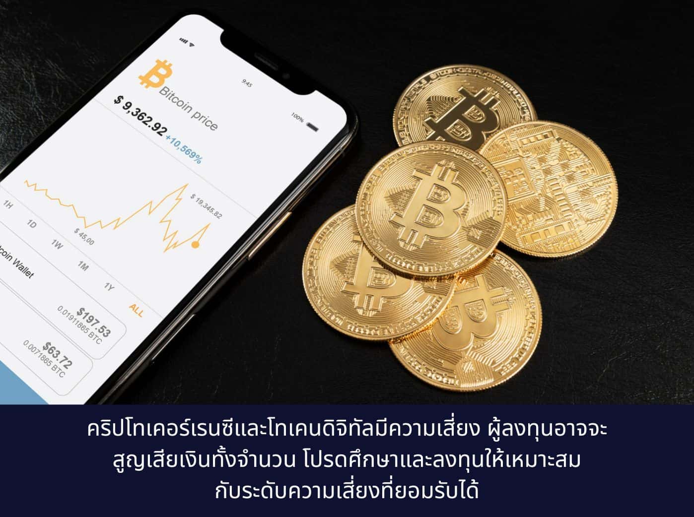 Bitcoin physical coins next to a an Iphone with Trading app on the screen